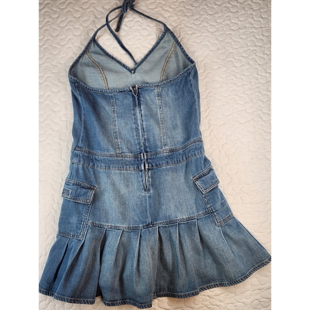 SMALL Denim TENNIS DRESS Halter Mini Schoolgirl Pleated Blue Jean WESTERN punk - Picture 2 of 7